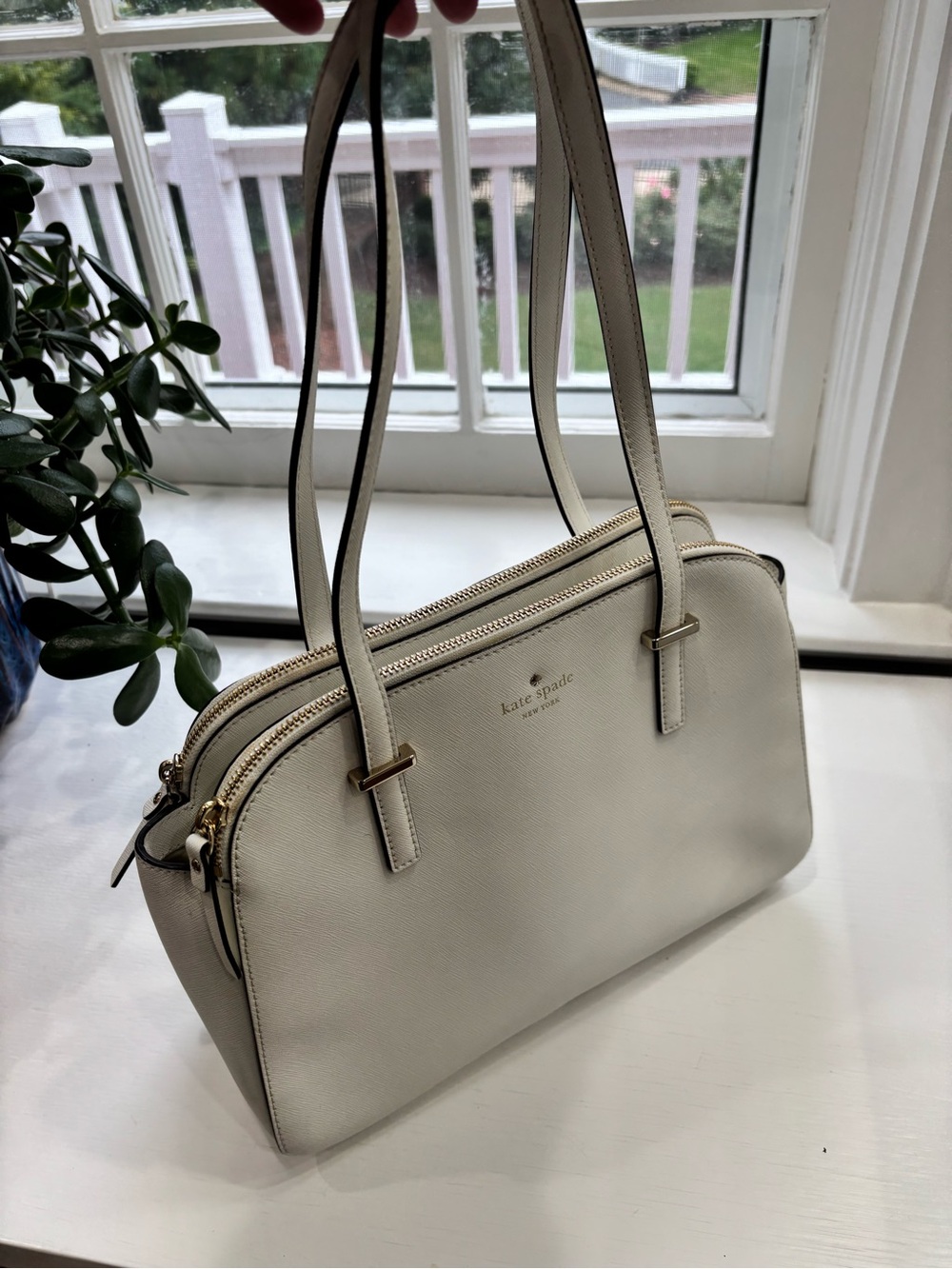 kate spade Ivory Saffiano Double-Zip Shoulder Bag with Gold Hardware